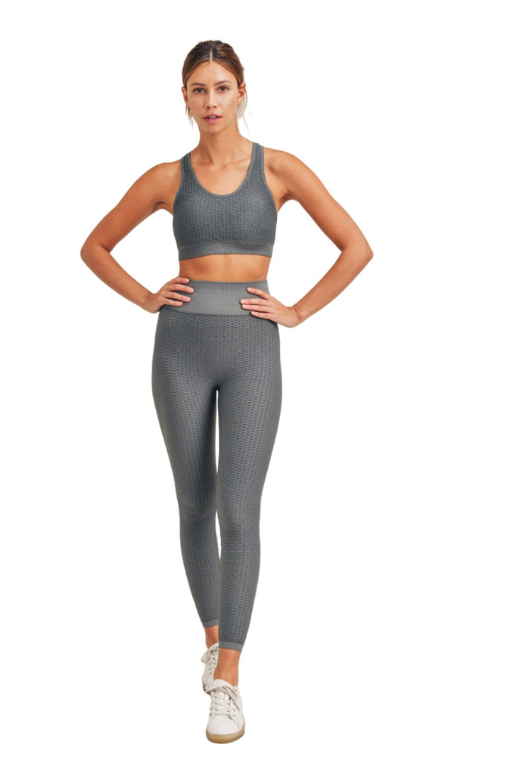 Mono B Jacquard & Ribbed Seamless High-Waisted Leggings APH-A7116 - Dark Sage - Front Full View
