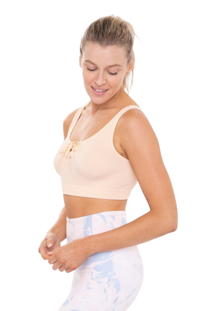 Mono B Rib Lace Front Active Bra Top AT-B0288 - Apricot Ice - Side View