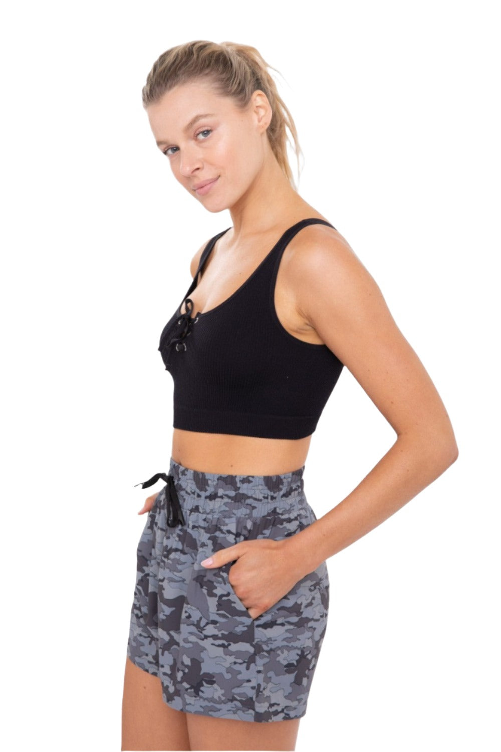 Mono B Rib Lace Front Active Bra Top AT-B0288 - Black - Side View