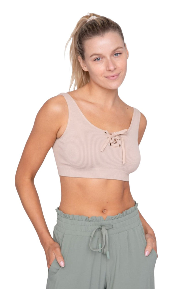 Mono B Rib Lace Front Active Bra Top AT-B0288 - Nude - Front View