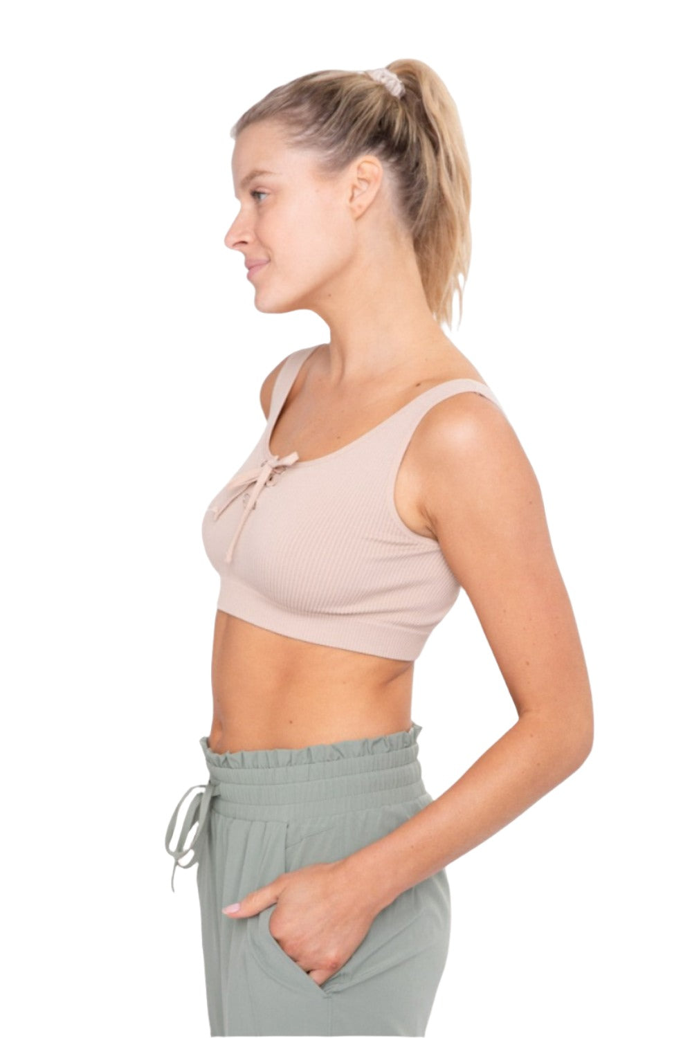 Mono B Rib Lace Front Active Bra Top AT-B0288 - Nude - Side View