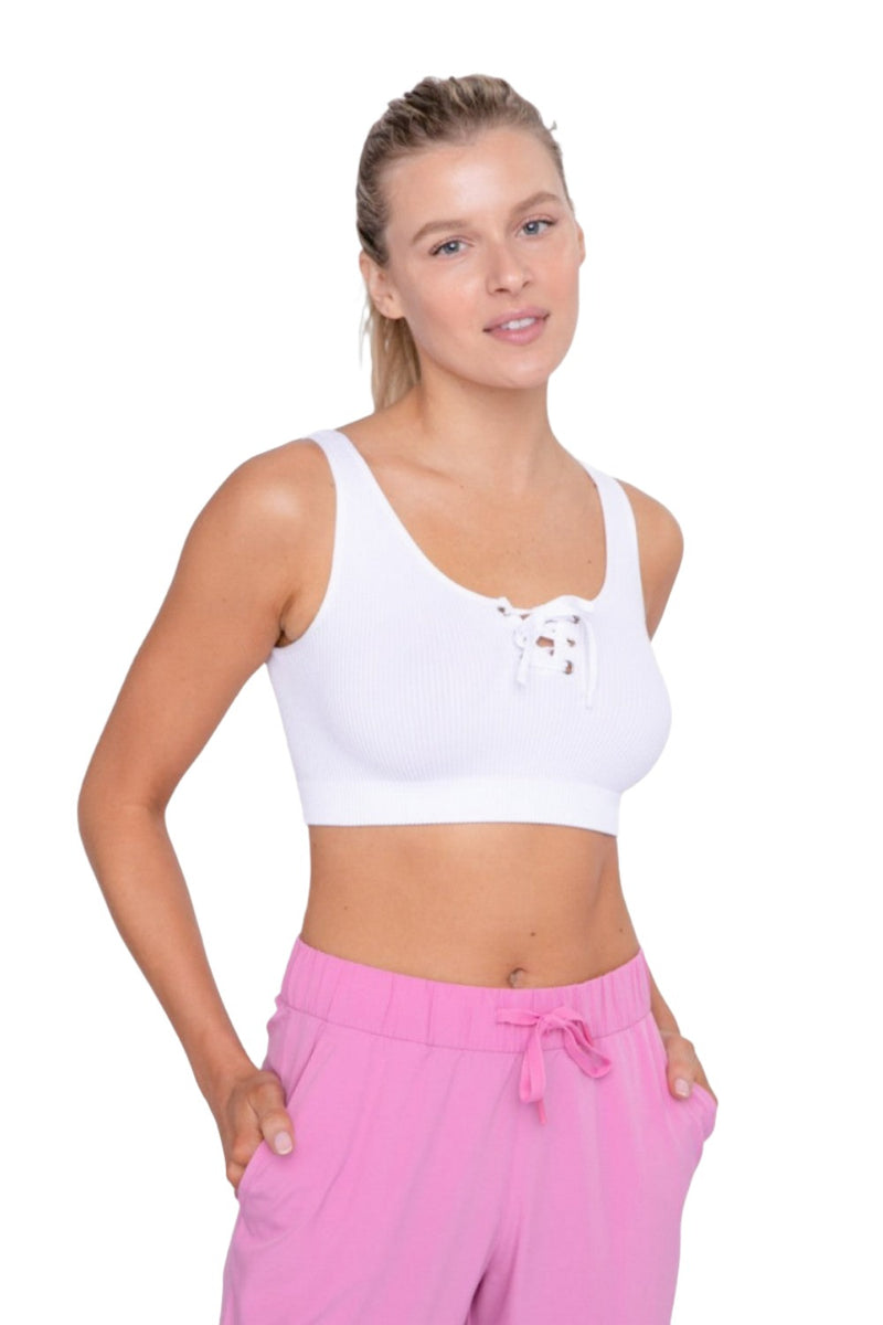 Mono B Rib Lace Front Active Bra Top AT-B0288 - White - Front View