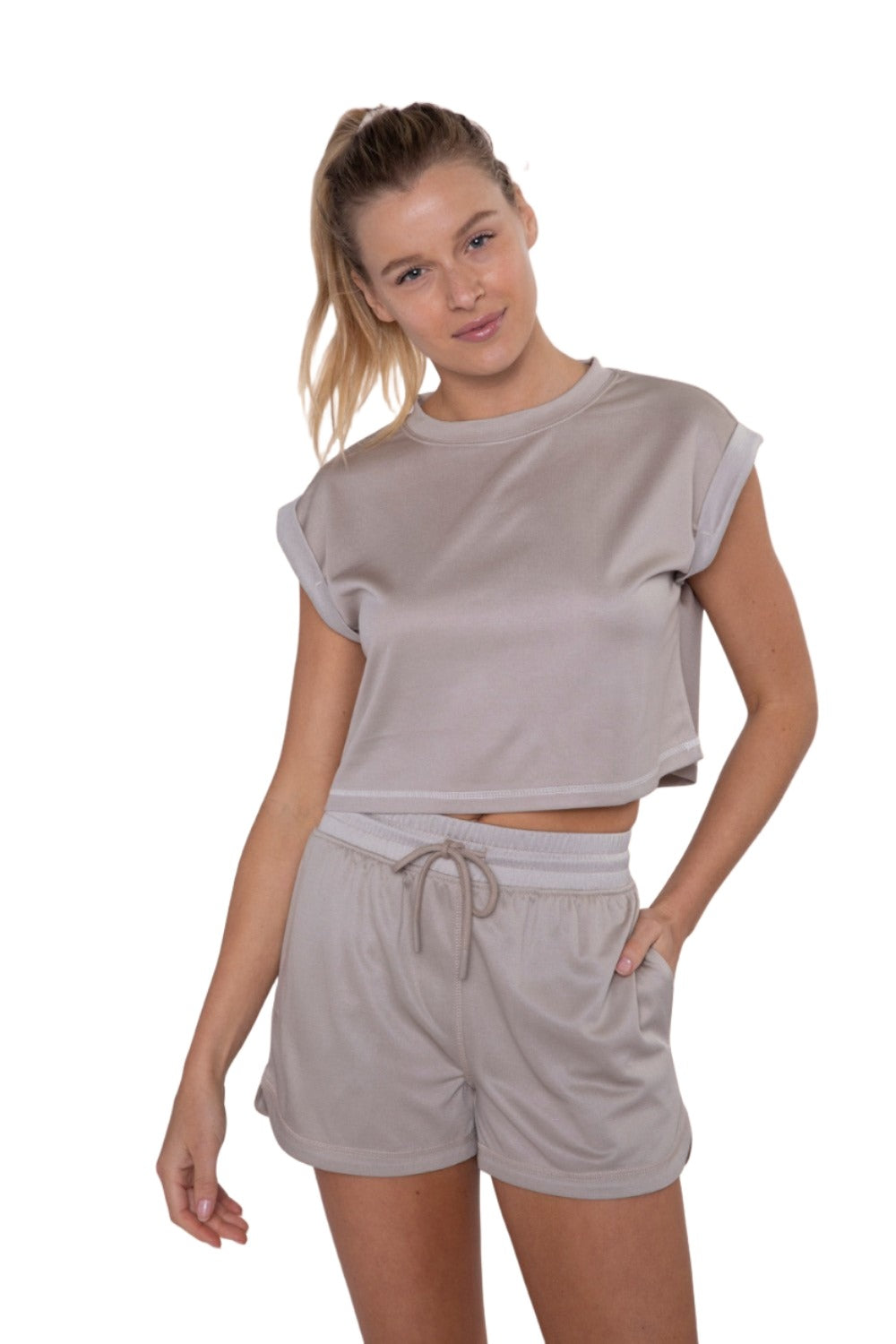 Mono B Crop Perforated Mesh Tee AT-B0385 - Cement - Front View