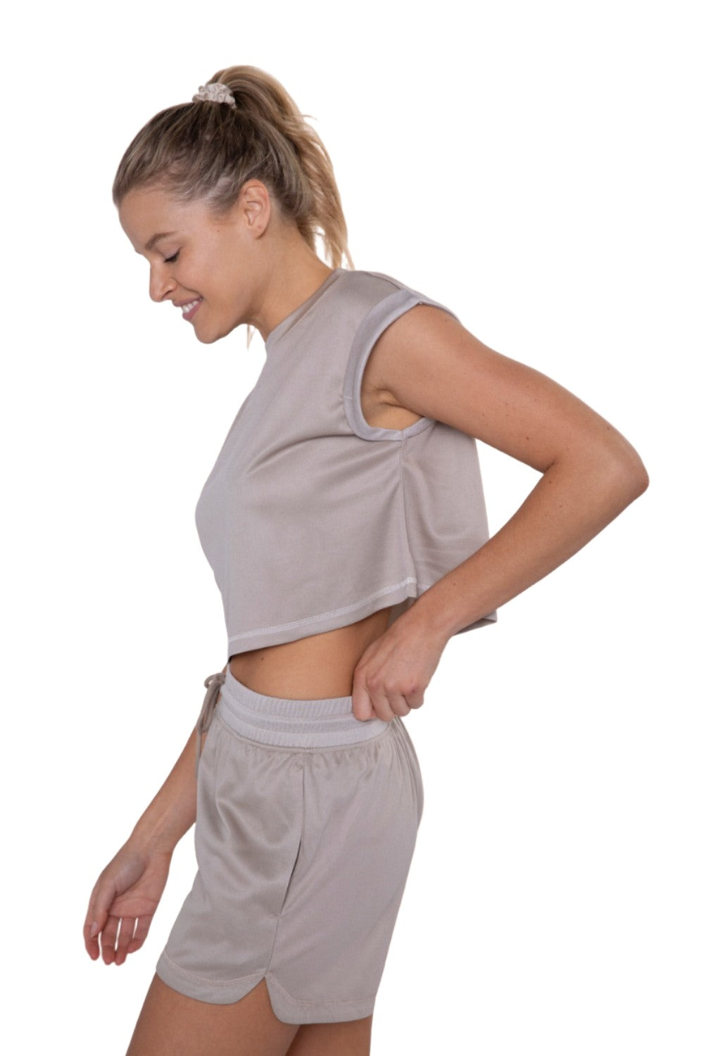 Mono B Crop Perforated Mesh Tee AT-B0385 - Cement - Side View