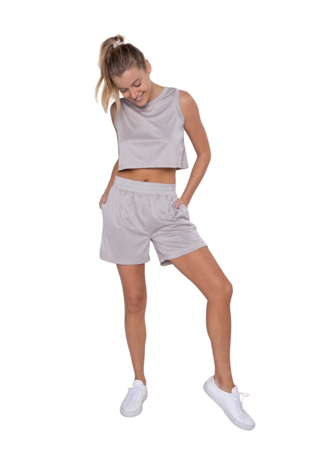 Mono B Micro-Perforated Active Shorts with Split Side Hem AP-B0384 - Cement - Front Full View