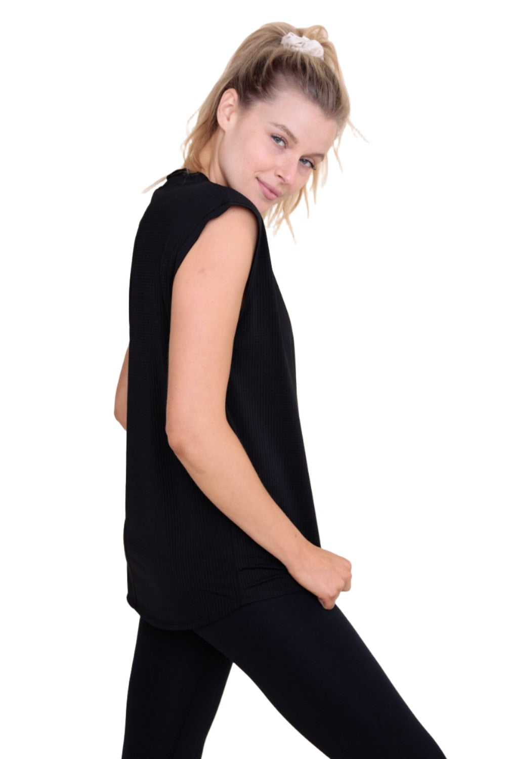 Mono B Checkerboard Mesh Tank Top AT-B0422 - Black - Side View