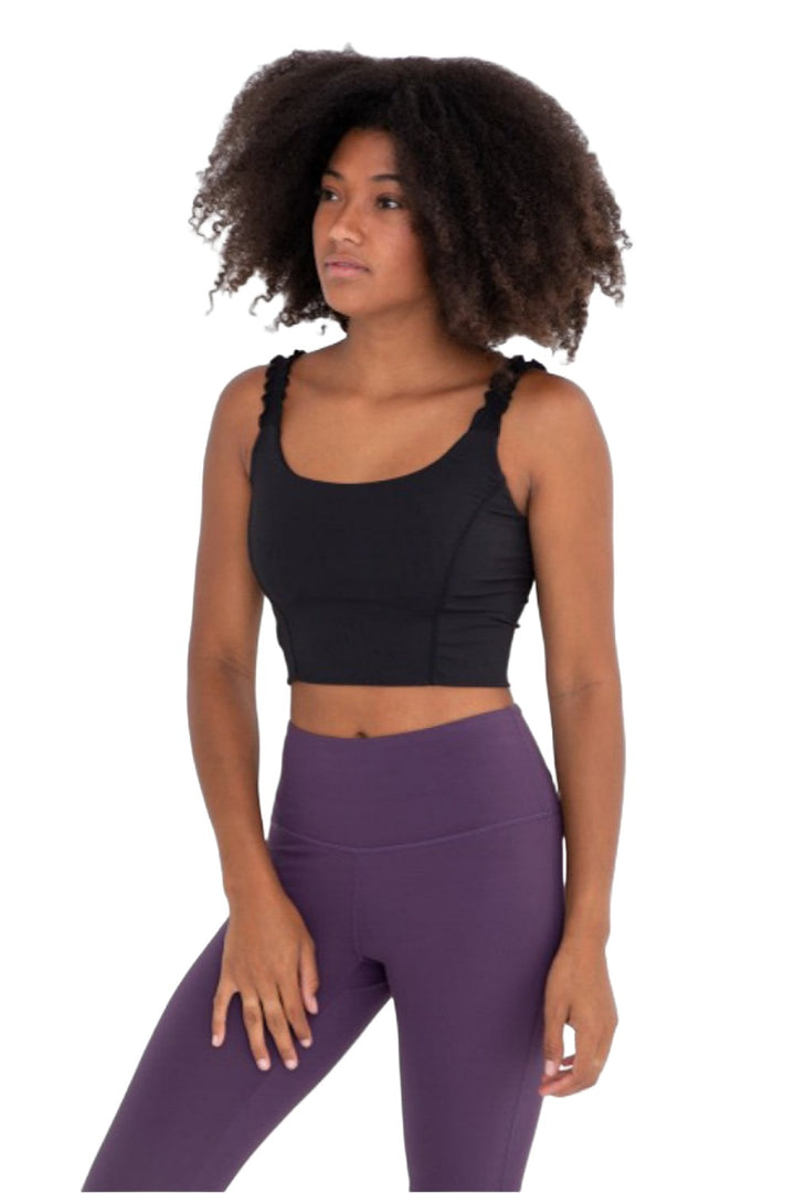 Mono B Crop Ruffle Strap Bra Top AT-B0487 - Black - Front View