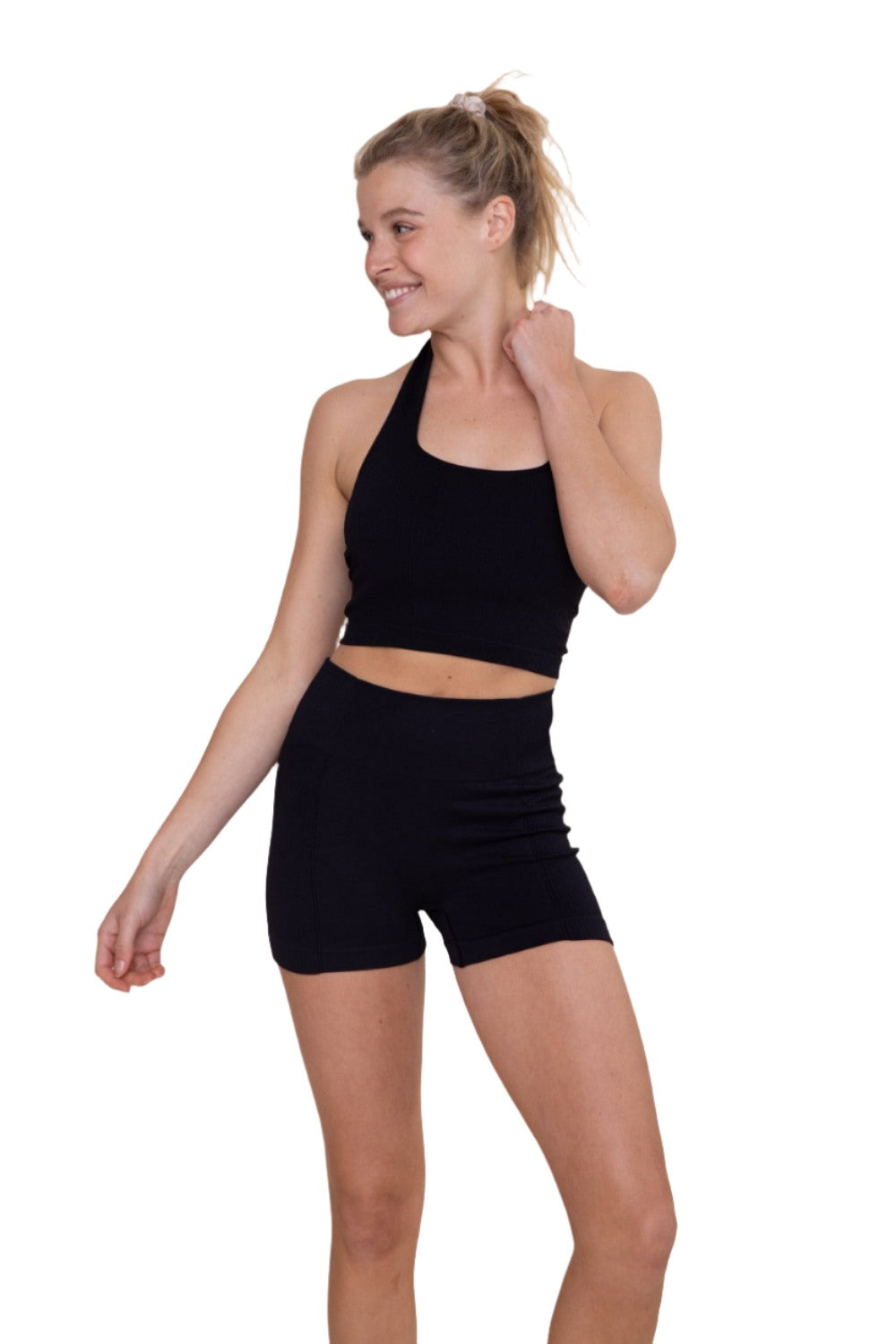 Mono B Seamless Halter Rib Top AT-B0589 - Black - Front View