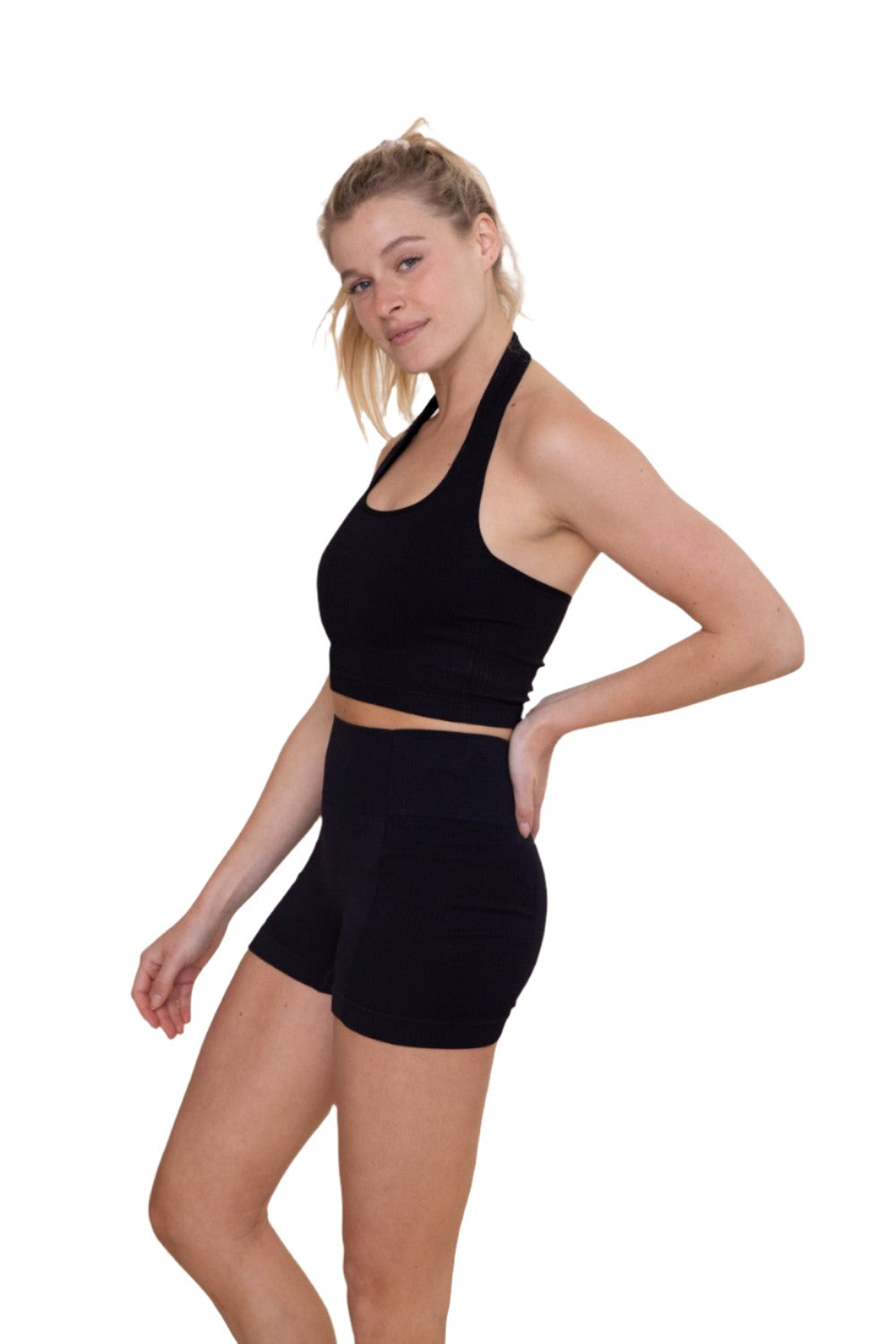 Mono B Seamless Halter Rib Top AT-B0589 - Black - Side View