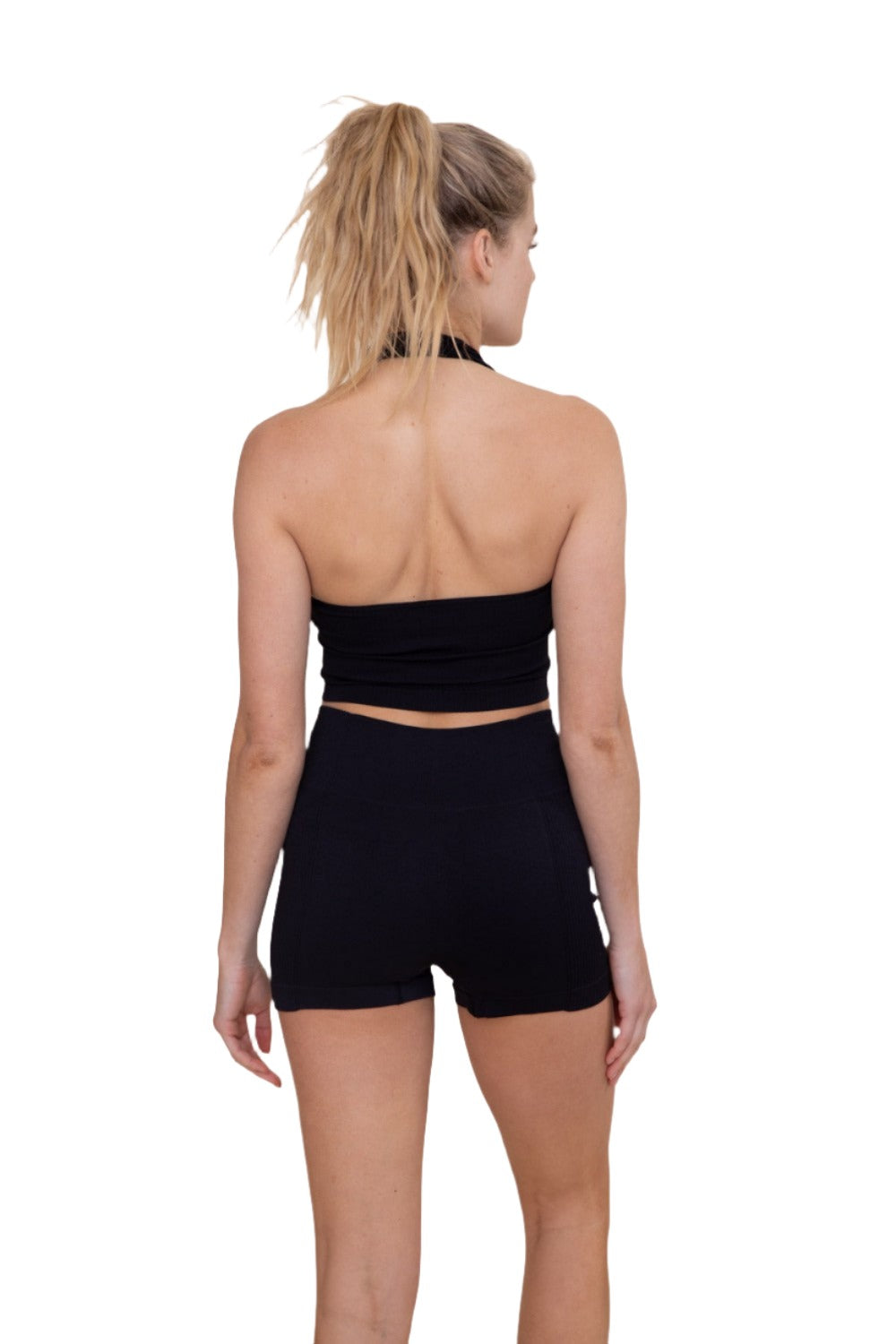 Mono B Seamless Halter Rib Top AT-B0589 - Black - Back View