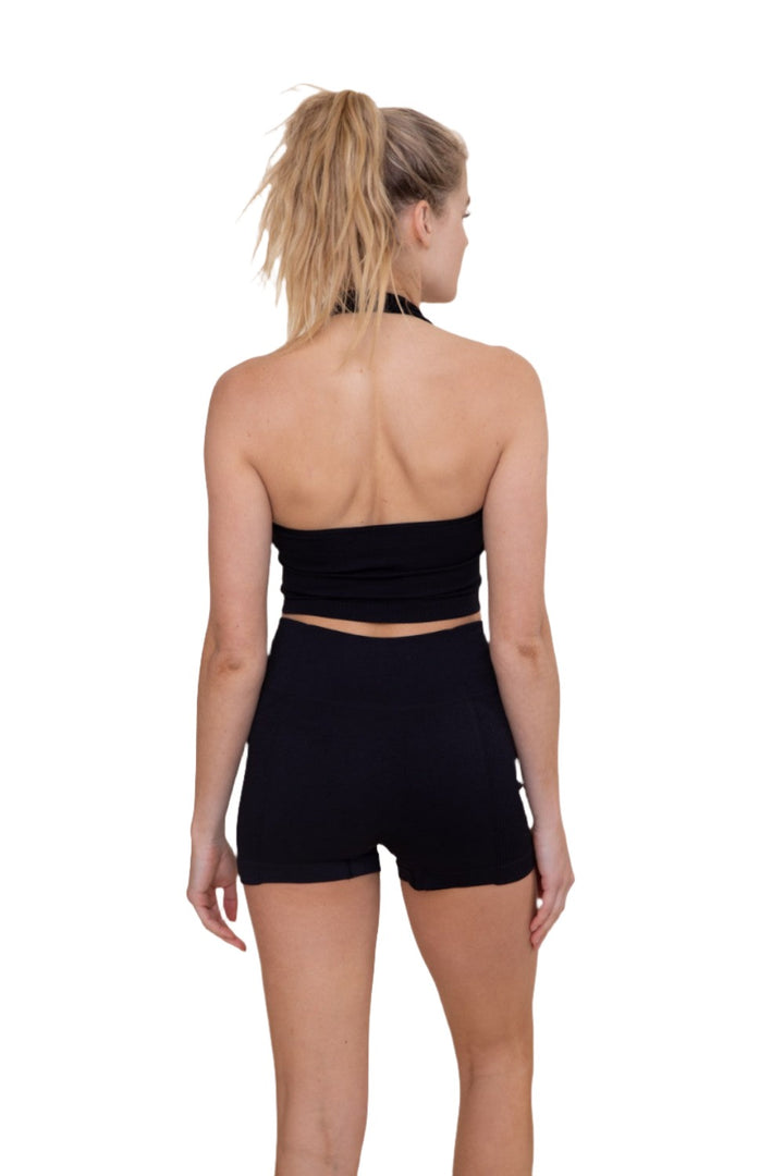Mono B Seamless Halter Rib Top AT-B0589 - Black - Back View