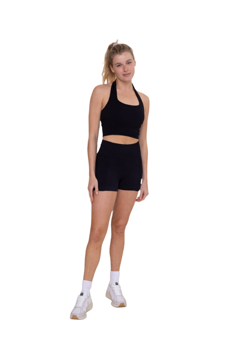 Mono B Seamless Halter Rib Top AT-B0589 - Black - Front Full View