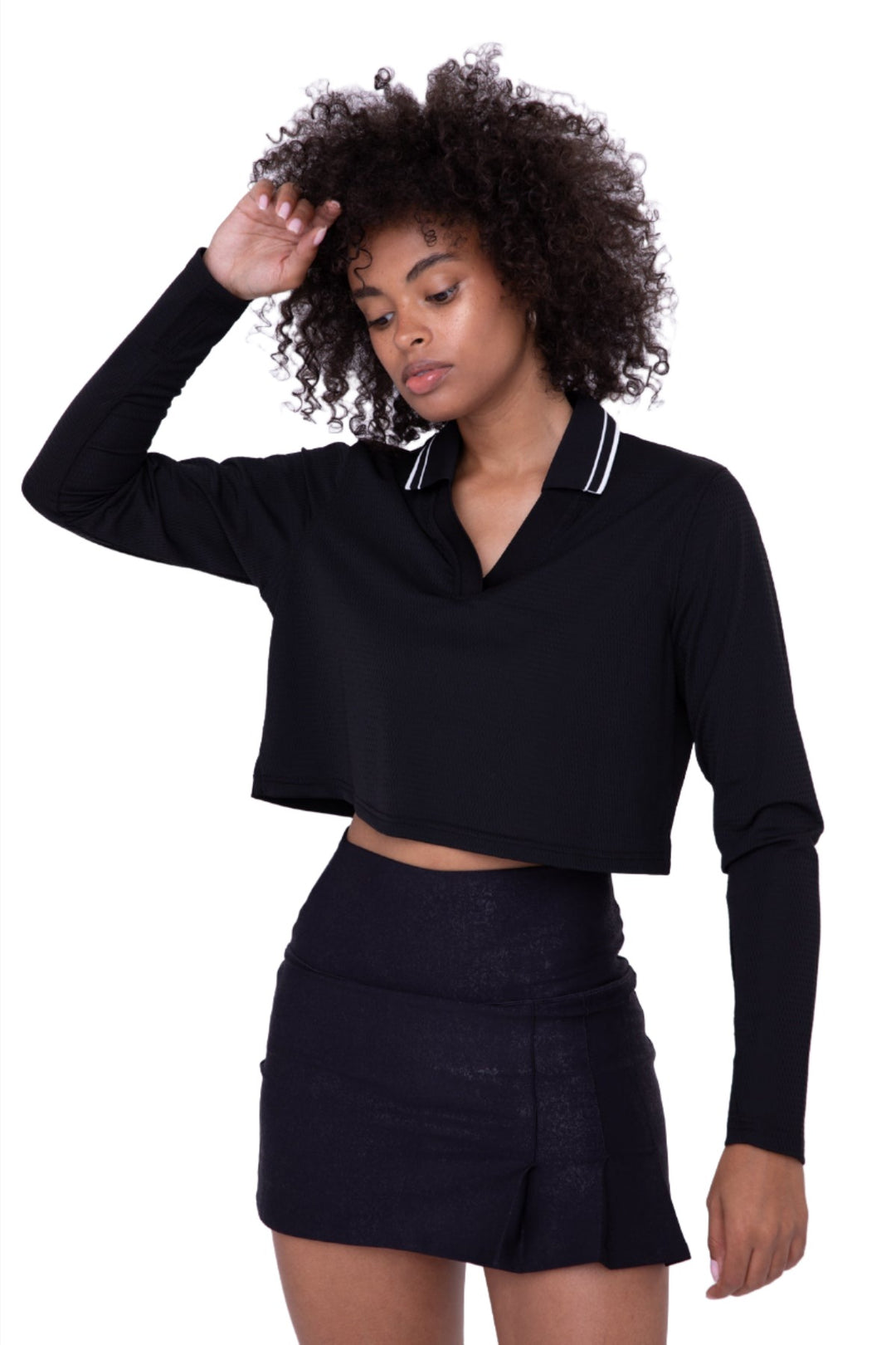Mono B Crop Perforated Polo Top AT-B7101 - Black - Front View