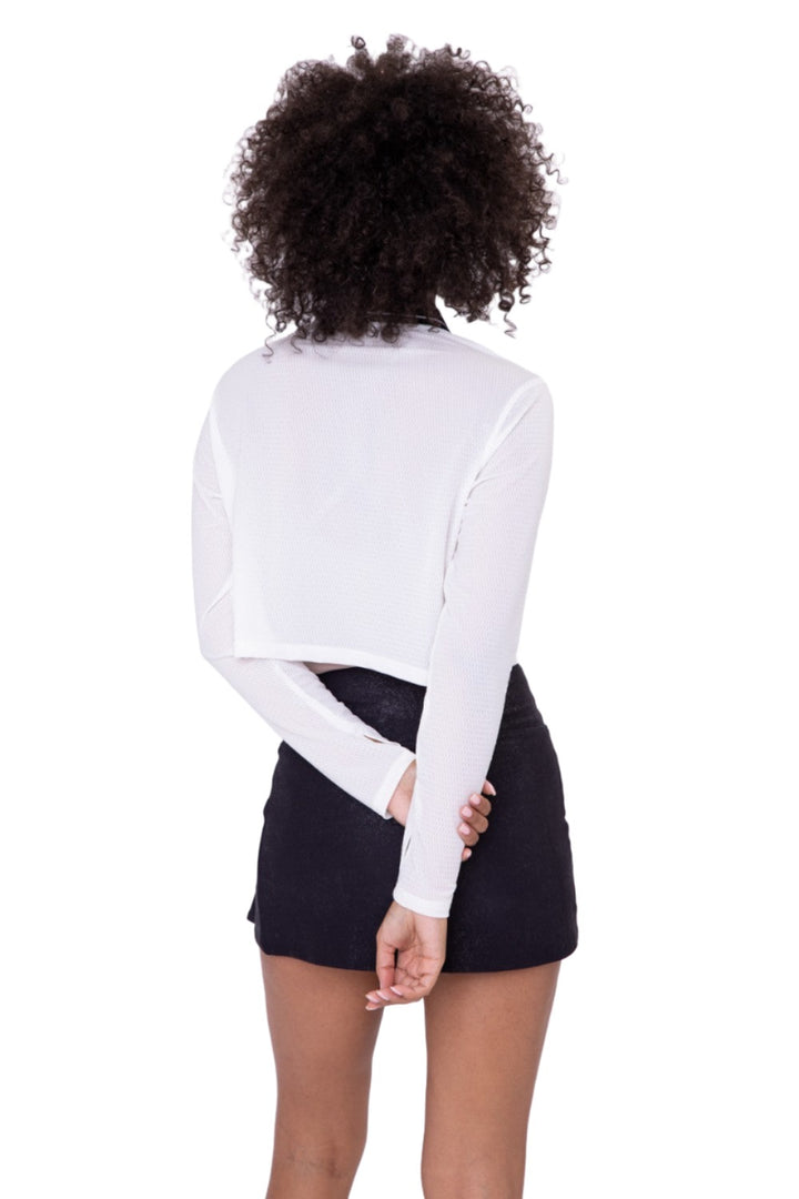 Mono B Crop Perforated Polo Top AT-B7101 - White - Back View