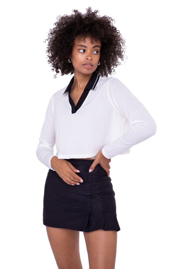 Mono B Crop Perforated Polo Top AT-B7101 - White - Front View