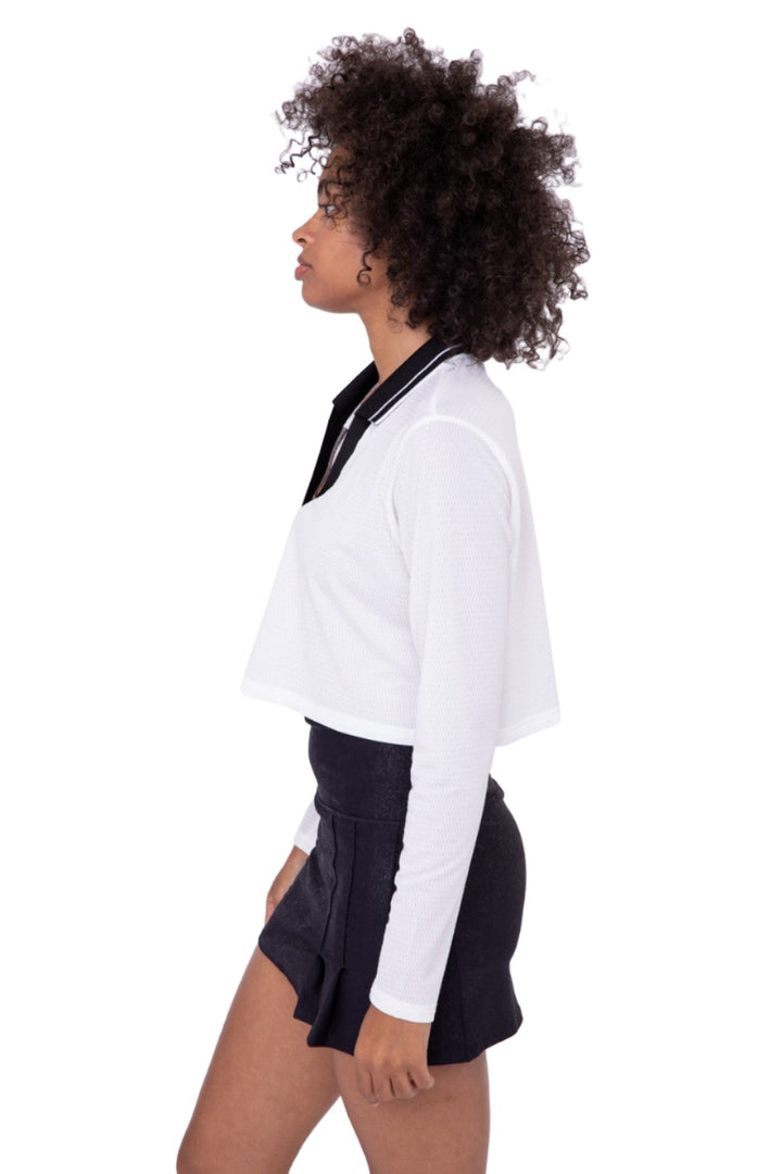 Mono B Crop Perforated Polo Top AT-B7101 - White - Side View