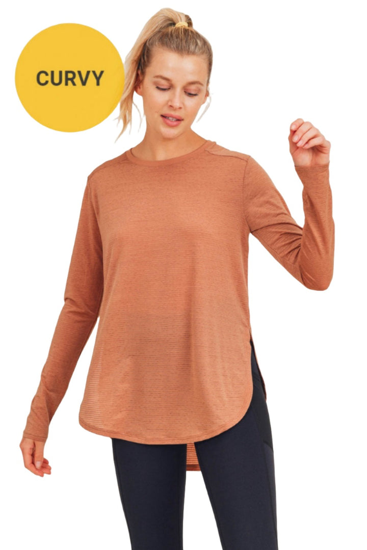 Mono B Mesh Long Sleeve Stripe Top AT2513 Plus Too - Brindle - Front View