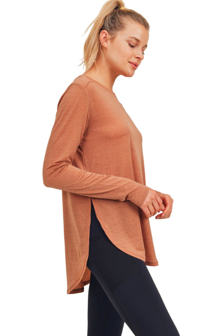 Mono B Mesh Long Sleeve Stripe Top AT2513 Plus Too - Brindle - Side View