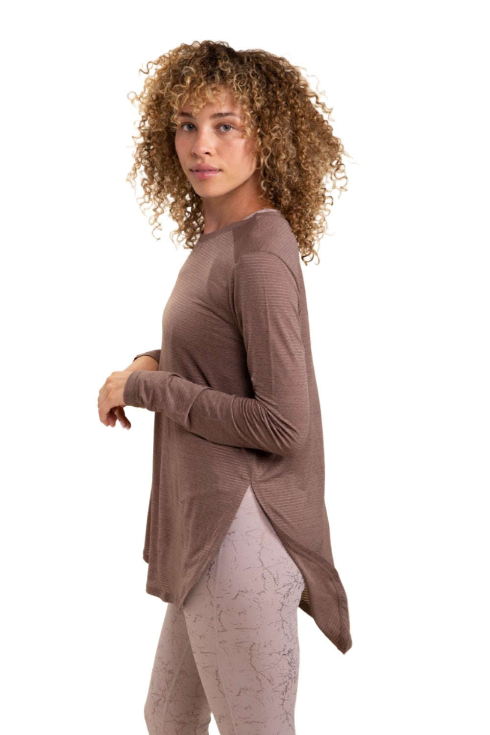 Mono B Mesh Long Sleeve Stripe Top AT2513 Plus Too - Brown 21 - Side View
