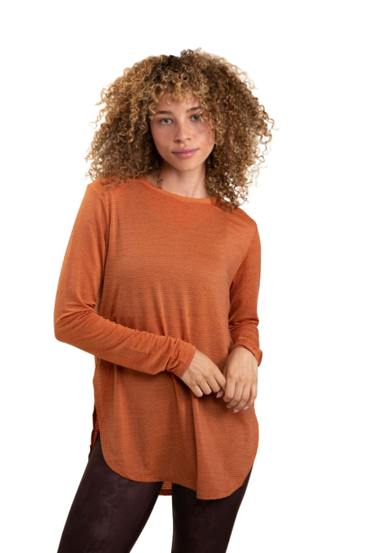 Mono B Mesh Long Sleeve Stripe Top AT2513 Plus Too - Copper - Front View