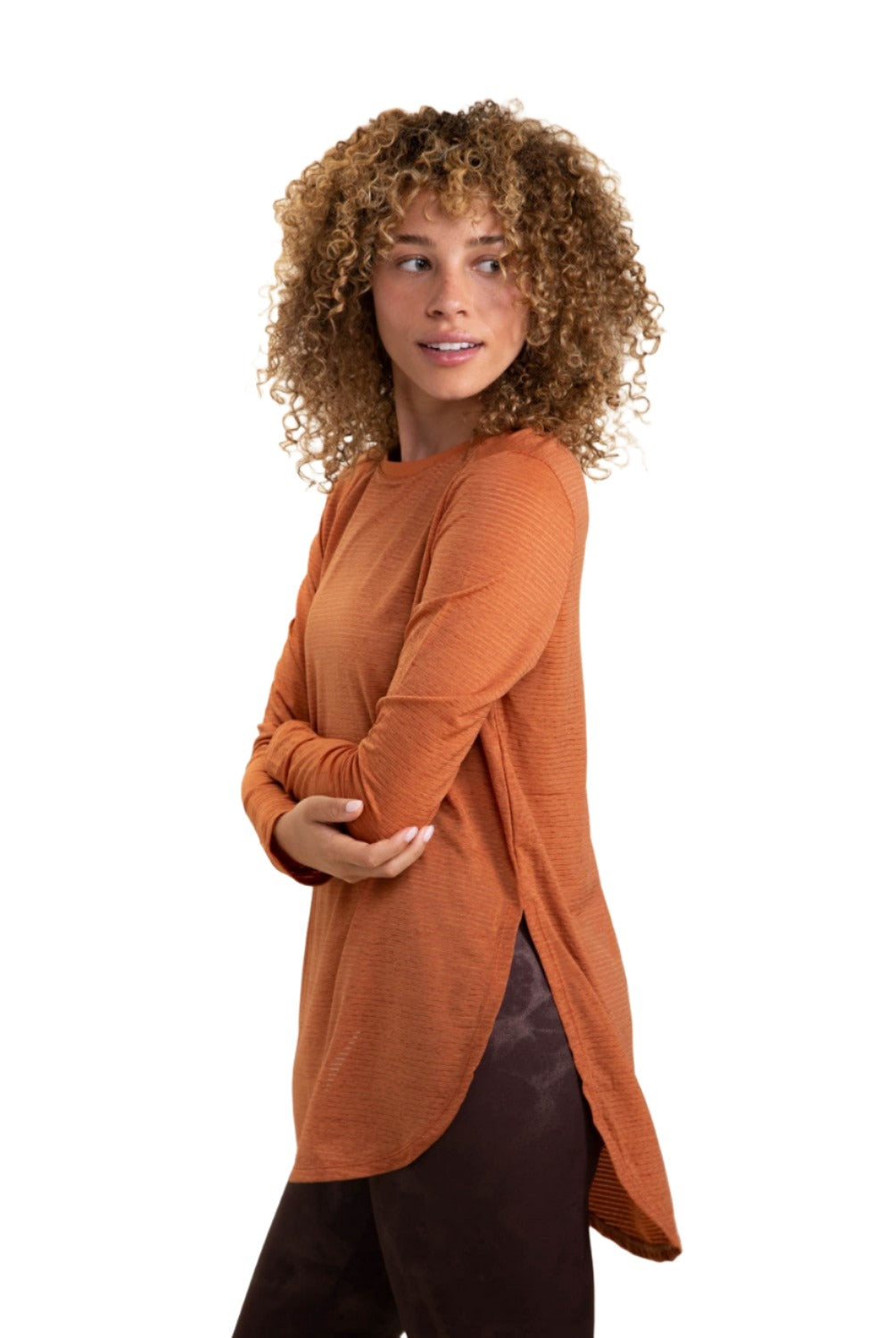 Mono B Mesh Long Sleeve Stripe Top AT2513 Plus Too - Copper - Side View