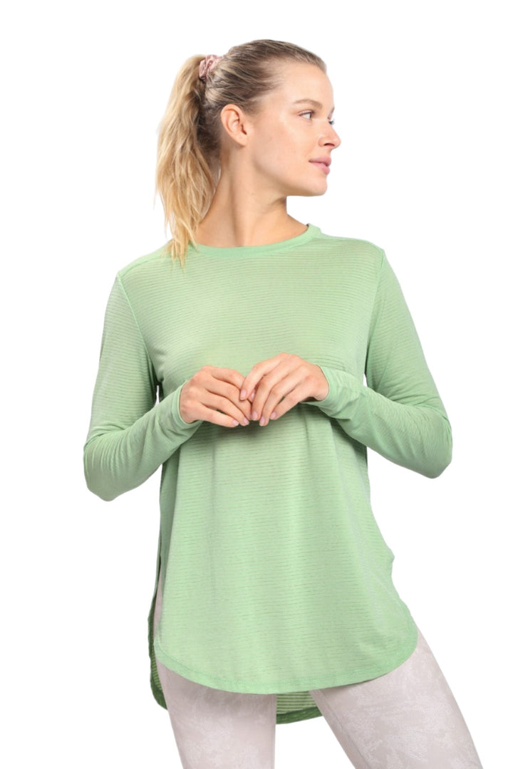 Mono B Mesh Long Sleeve Stripe Top AT2513 Plus Too - Fair Green - Front View