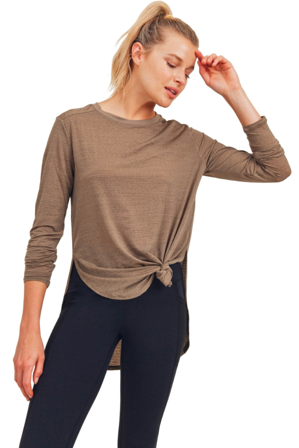Mono B Mesh Long Sleeve Stripe Top AT2513 Plus Too - Mocha Mousse - Front View