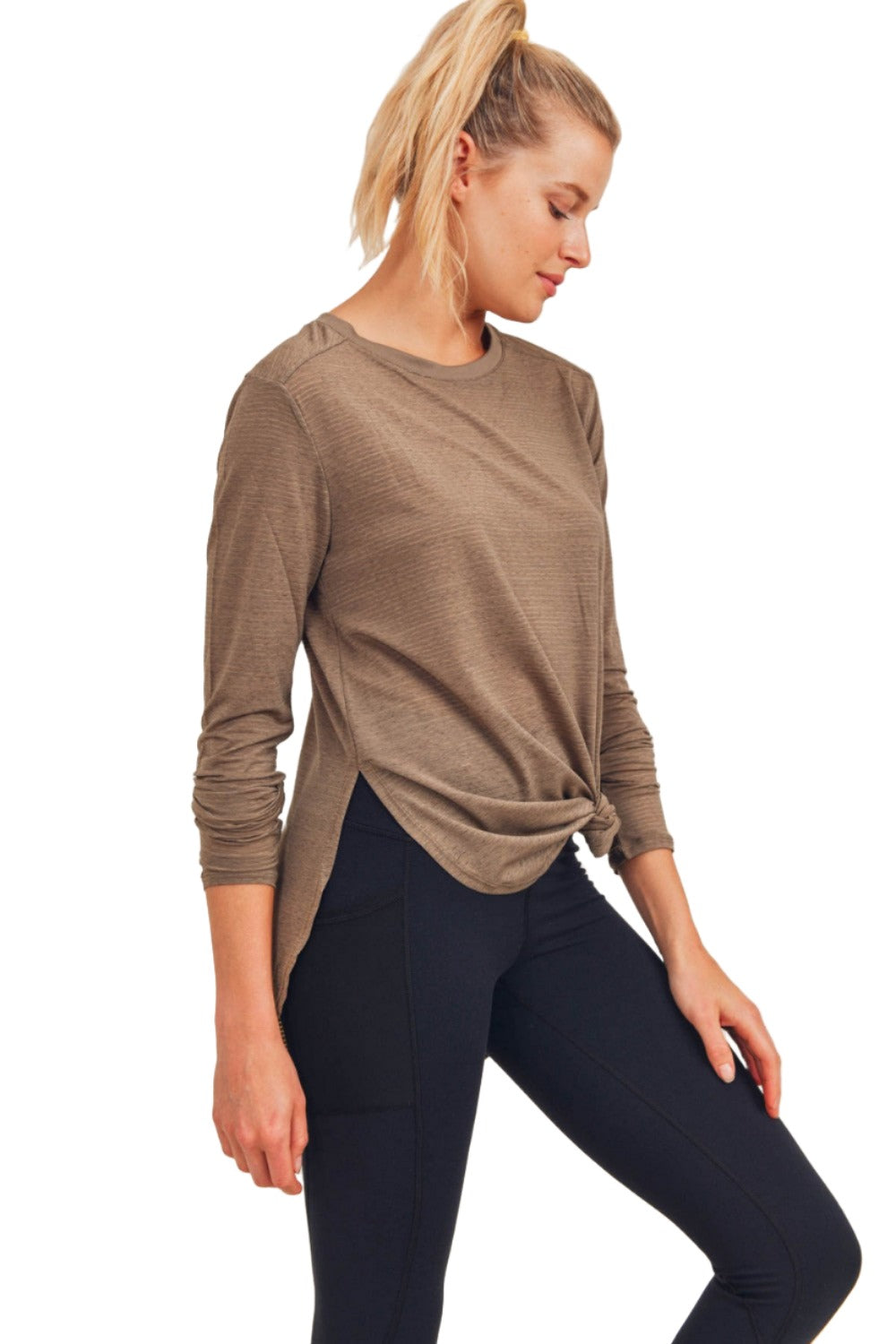 Mono B Mesh Long Sleeve Stripe Top AT2513 Plus Too - Mocha Mousse - Side View