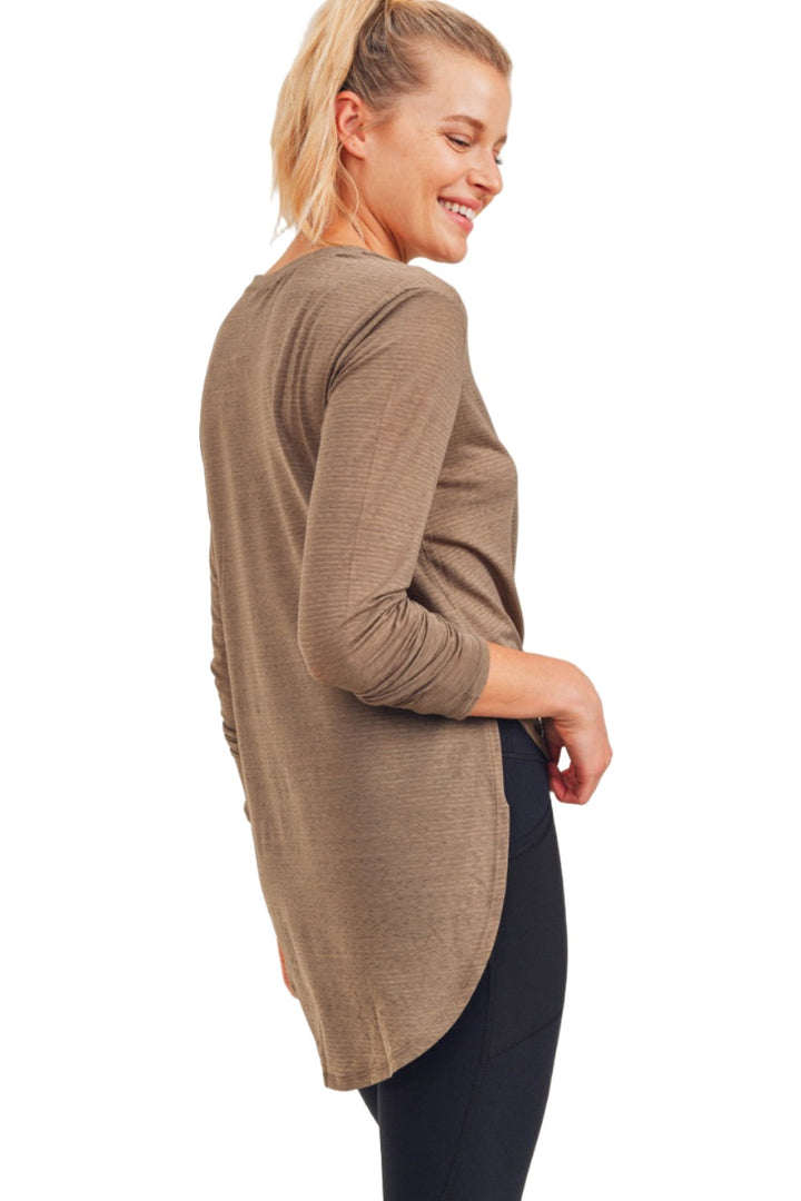 Mono B Mesh Long Sleeve Stripe Top AT2513 Plus Too - Mocha Mousse - Side View