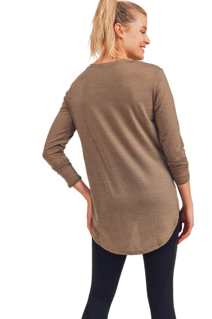 Mono B Mesh Long Sleeve Stripe Top AT2513 Plus Too - Mocha Mousse - Back View