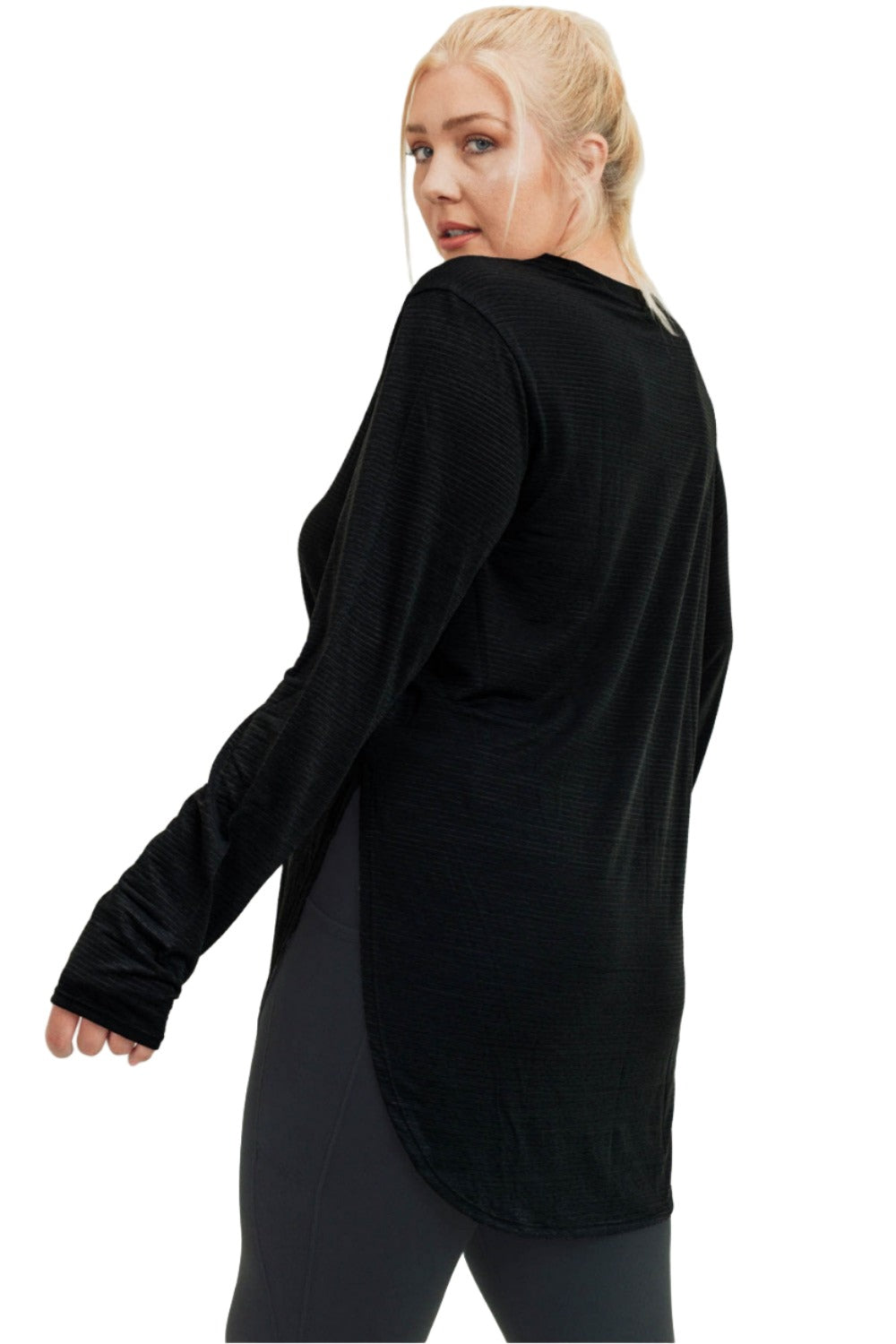 Mono B Mesh Long Sleeve Stripe Top AT2513 Plus Too - Black - Back Side View
