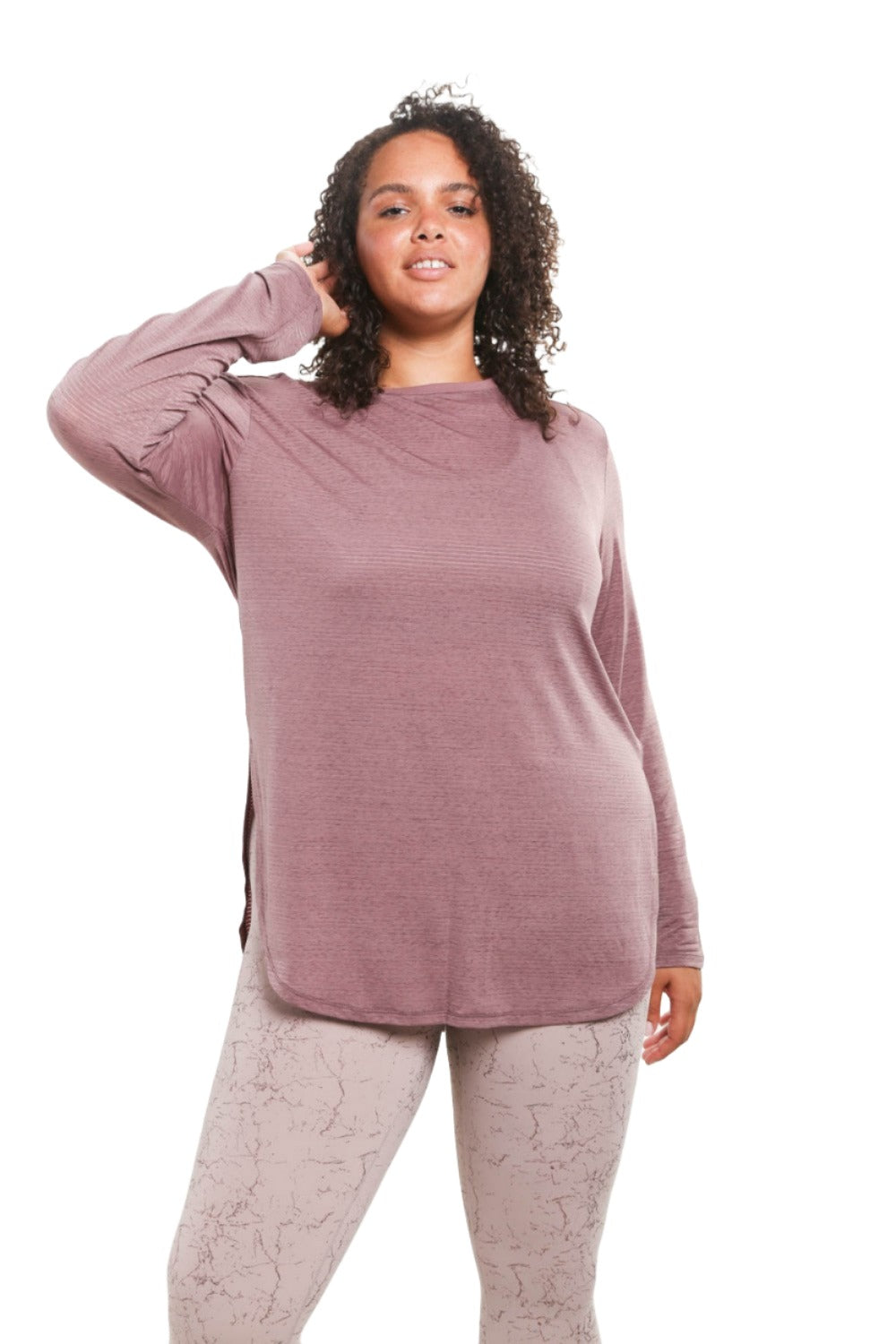 Mono B Mesh Long Sleeve Stripe Top AT2513 Plus Too - Mauve 21 - Front View2