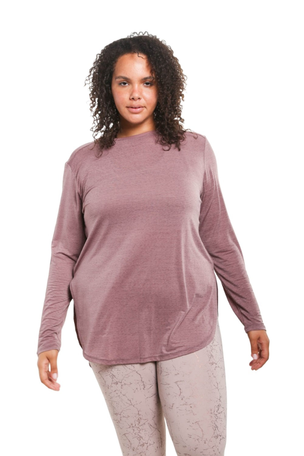 Mono B Mesh Long Sleeve Stripe Top AT2513 Plus Too - Mauve 21 - Front View