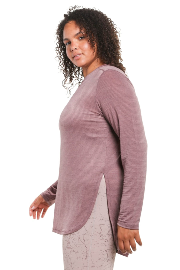 Mono B Mesh Long Sleeve Stripe Top AT2513 Plus Too - Mauve 21 - Side View