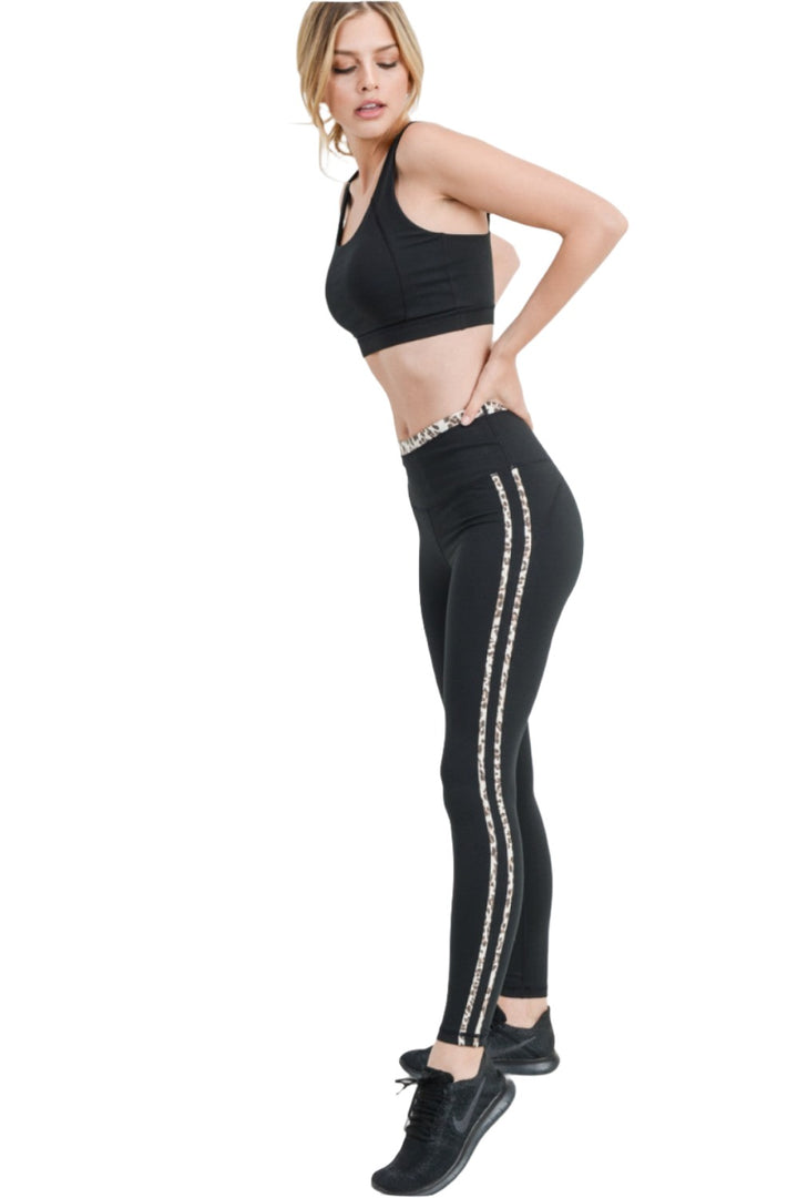 Mono B Snow Jaguar Print Striped Highwaist Leggings APH2529 and Plus - Black - Full Side View