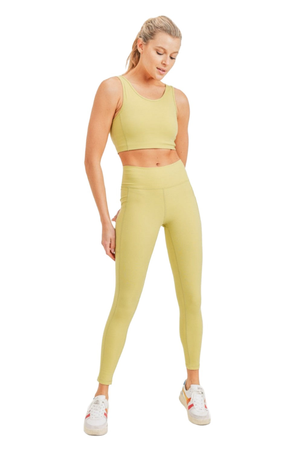 Mono B Lycra-Blend Essential Sweetheart Back High Waist Leggings APH2757 - Pale Olive - Front Full View
