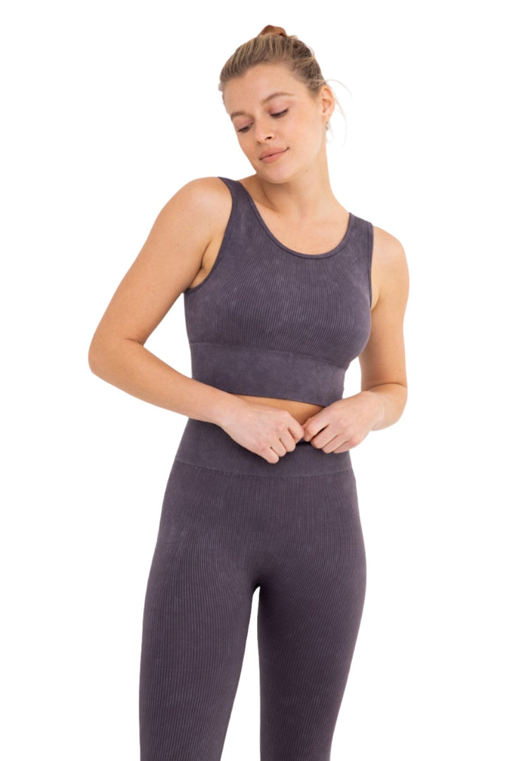 Mono B Ribbed Cut-Out Back Mineral Wash Seamless Bra Top AT2802 - Arcane - Front View