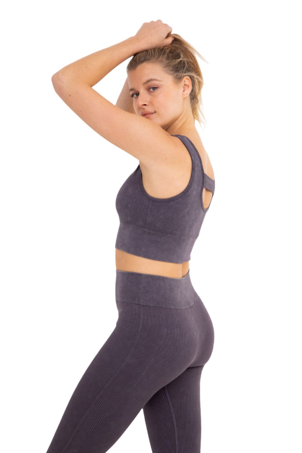 Mono B Ribbed Cut-Out Back Mineral Wash Seamless Bra Top AT2802 - Arcane - Side View