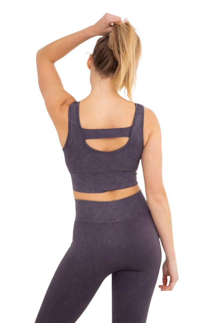 Mono B Ribbed Cut-Out Back Mineral Wash Seamless Bra Top AT2802 - Arcane - Back View