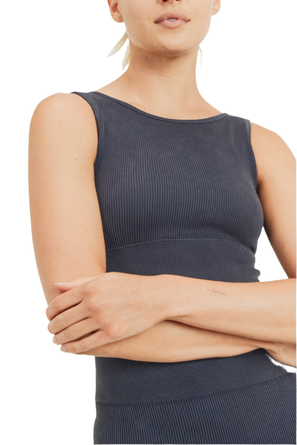 Mono B Ribbed Cut-Out Back Mineral Wash Seamless Bra Top AT2802 - Black - Front Rear View