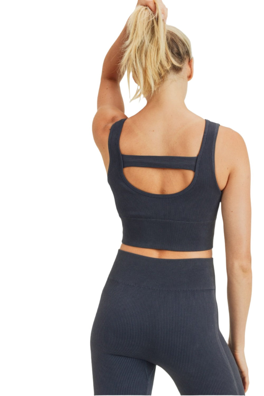 Mono B Ribbed Cut-Out Back Mineral Wash Seamless Bra Top AT2802 - Black - Back View