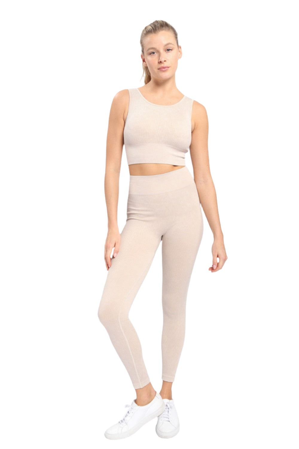 Mono B Ribbed Cut-Out Back Mineral Wash Seamless Bra Top AT2802 - Oxfor Tan - Front Full View