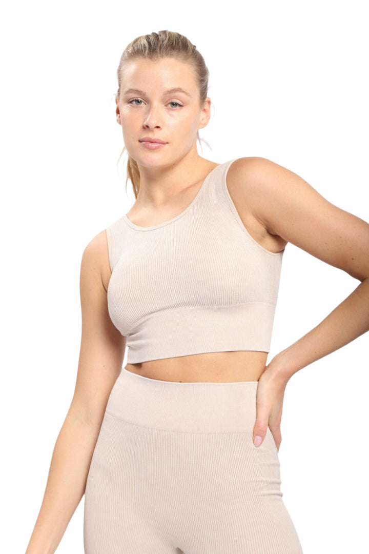 Mono B Ribbed Cut-Out Back Mineral Wash Seamless Bra Top AT2802 - Oxfor Tan - Front View