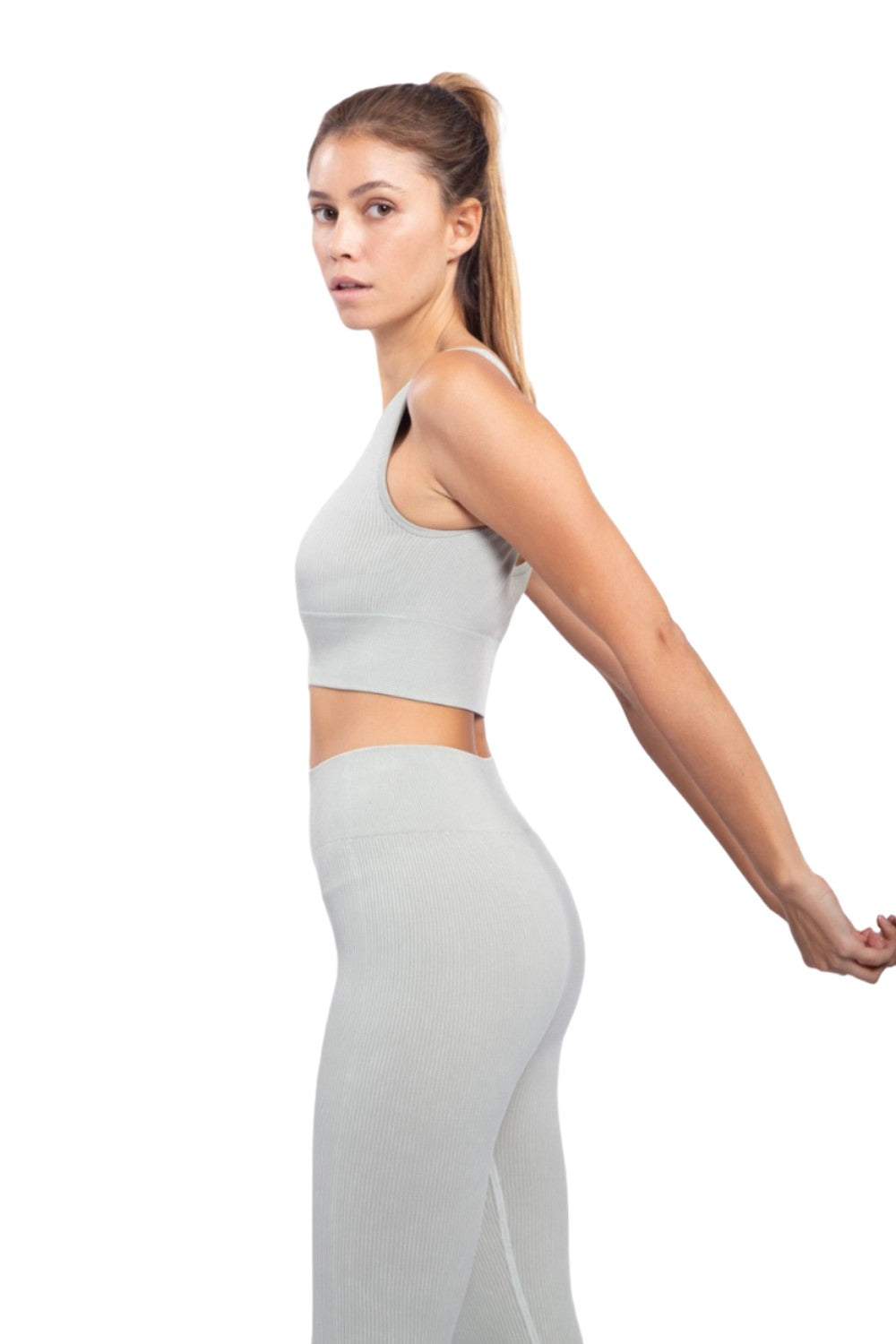 Mono B Ribbed Cut-Out Back Mineral Wash Seamless Bra Top AT2802 - Puritan Grey - Side View