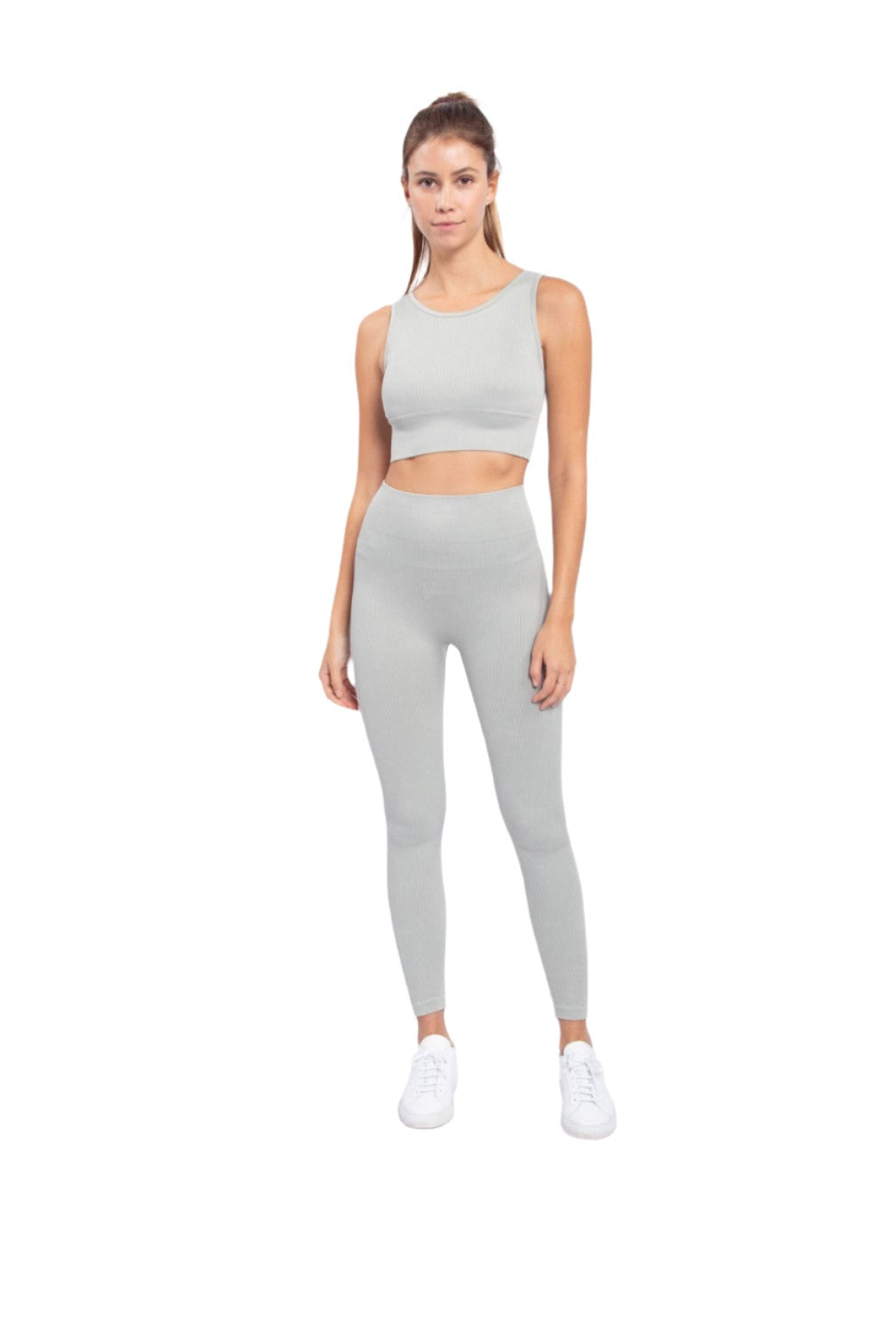 Mono B Ribbed Cut-Out Back Mineral Wash Seamless Bra Top AT2802 - Puritan Grey - Front Full View