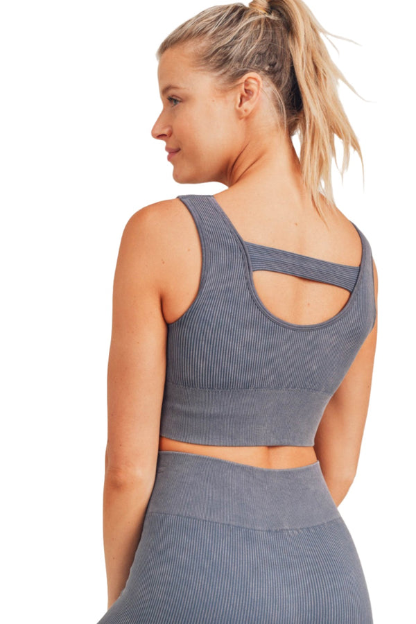 Mono B Ribbed Cut-Out Back Mineral Wash Seamless Bra Top AT2802 - Sea - Back Rear View