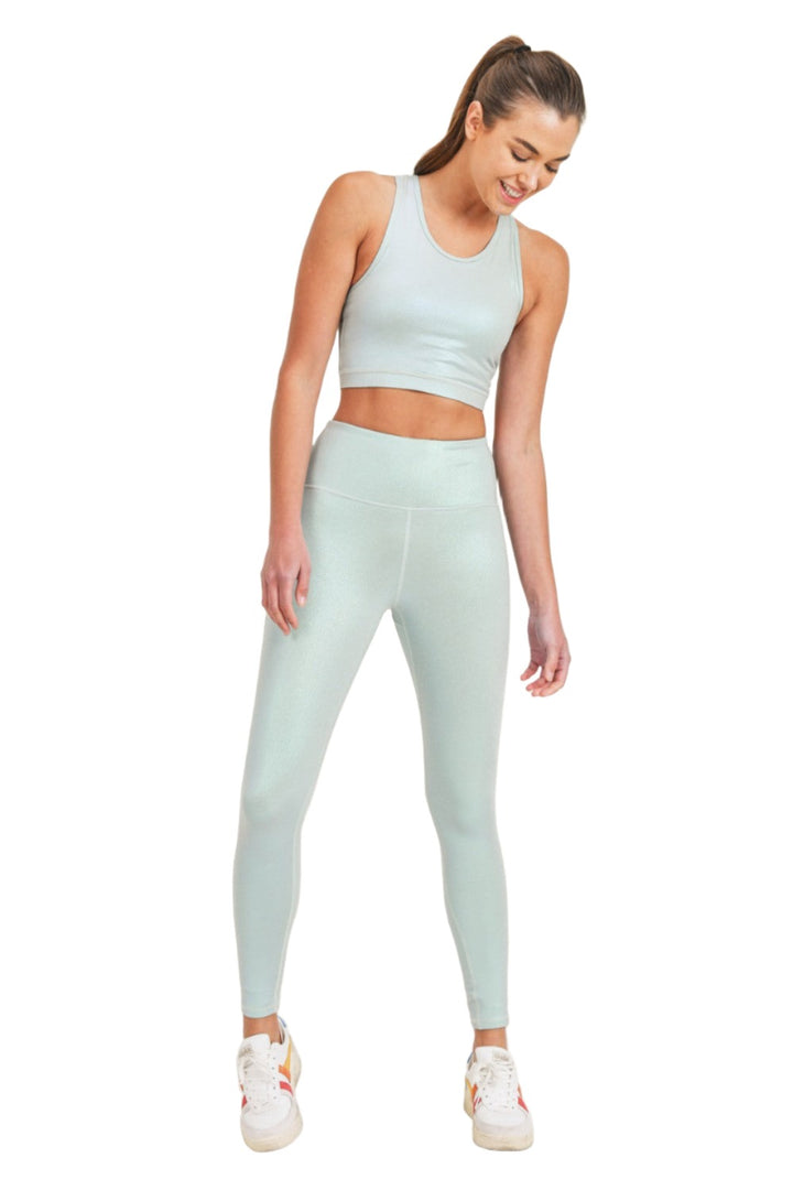 Mono B APH2862 Pearlescent Holo Foil High-Waisted Leggings - Light Sage - Front Full View