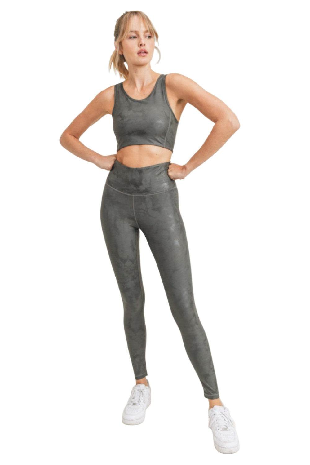 Mono B Metallic Foil Printed High-Waist Leggings APH2873 and Plus - Gunmetal - Front Full View