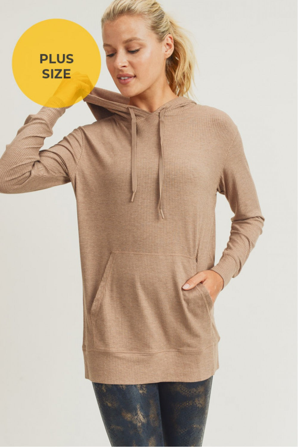 Mono B Kangaroo Pocket Rib Top AT2875 Plus - Mushroom - Front View2