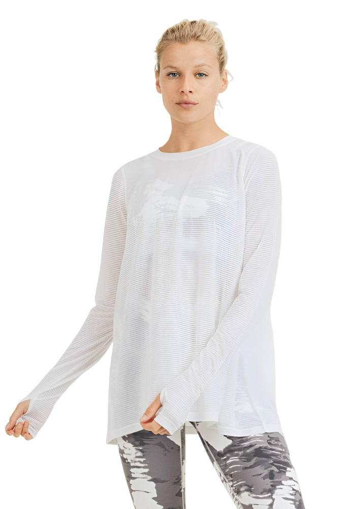 Mono B Mesh Long Sleeve Top AT2876 - White - Front View